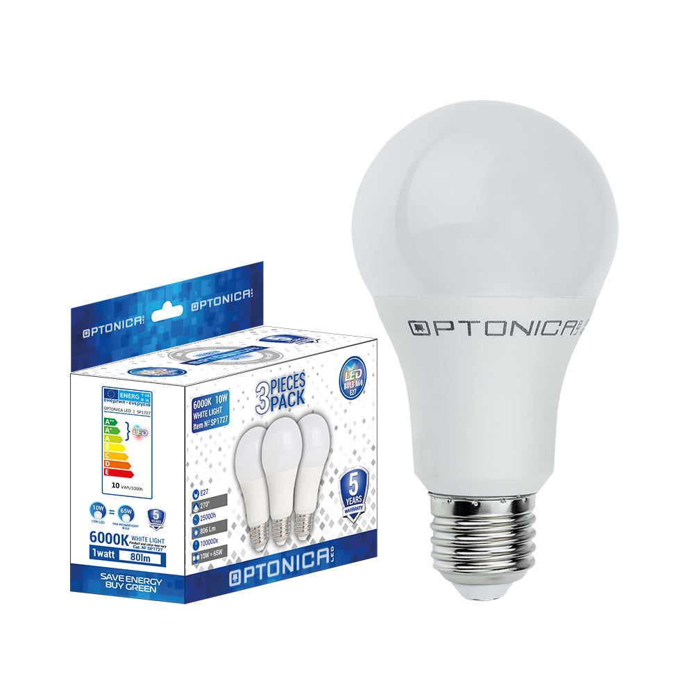 LED Plastic Bulb 3 Pieces Pack E27 A60 5 Years Warranty
