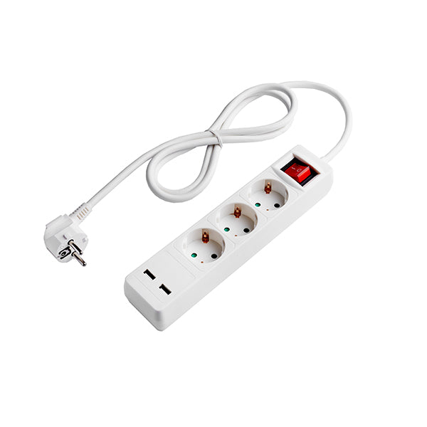Power Strip 3 Sockets + ON/OFF button and 2xUSB